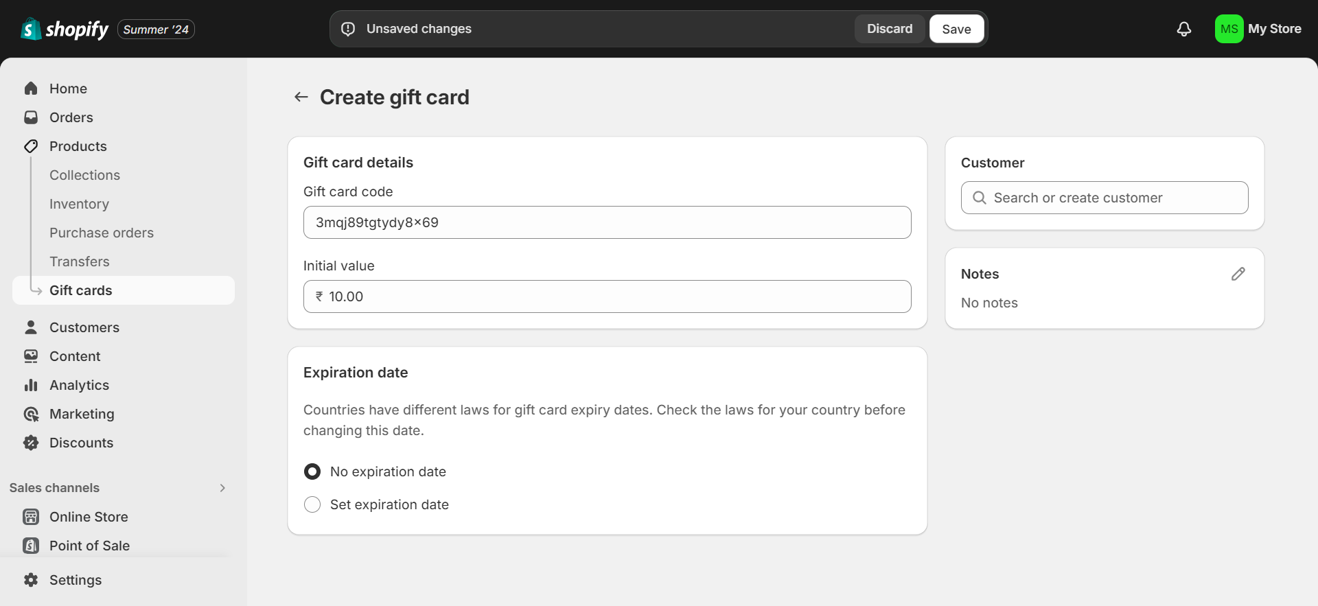 Create gift card detailes