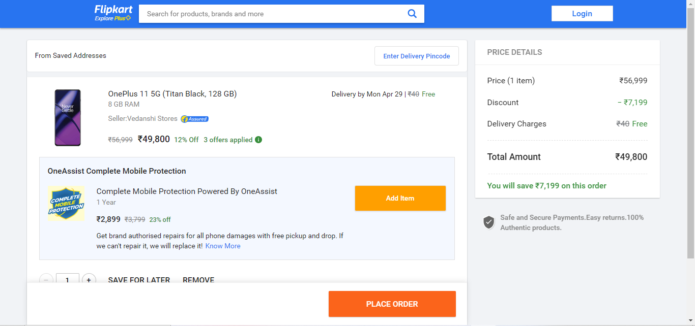   Flipkart checkout page 